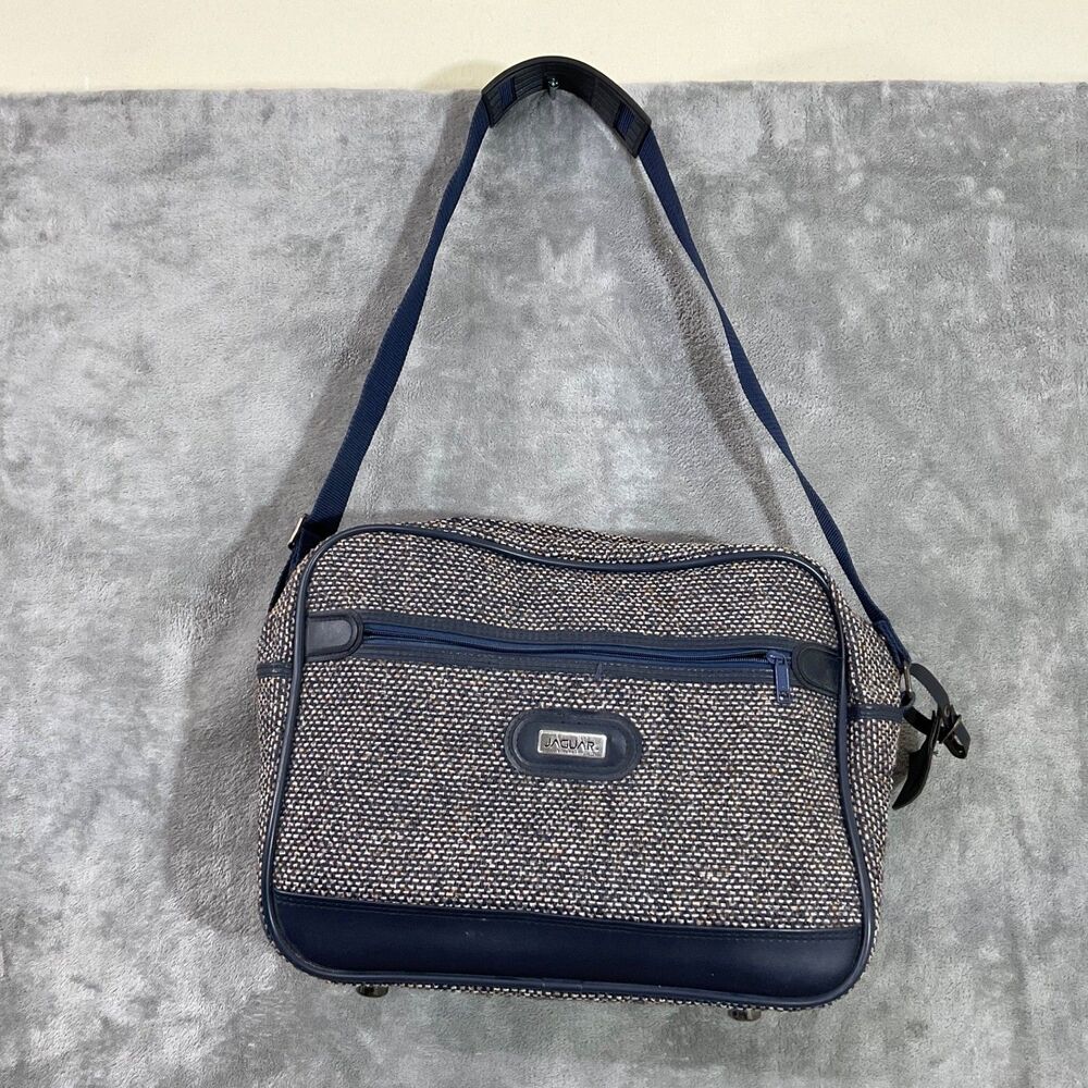 Vtg Jaguar Tweed Travel Shoulder Bag Navy Blue Carry On LOGO zip pockets